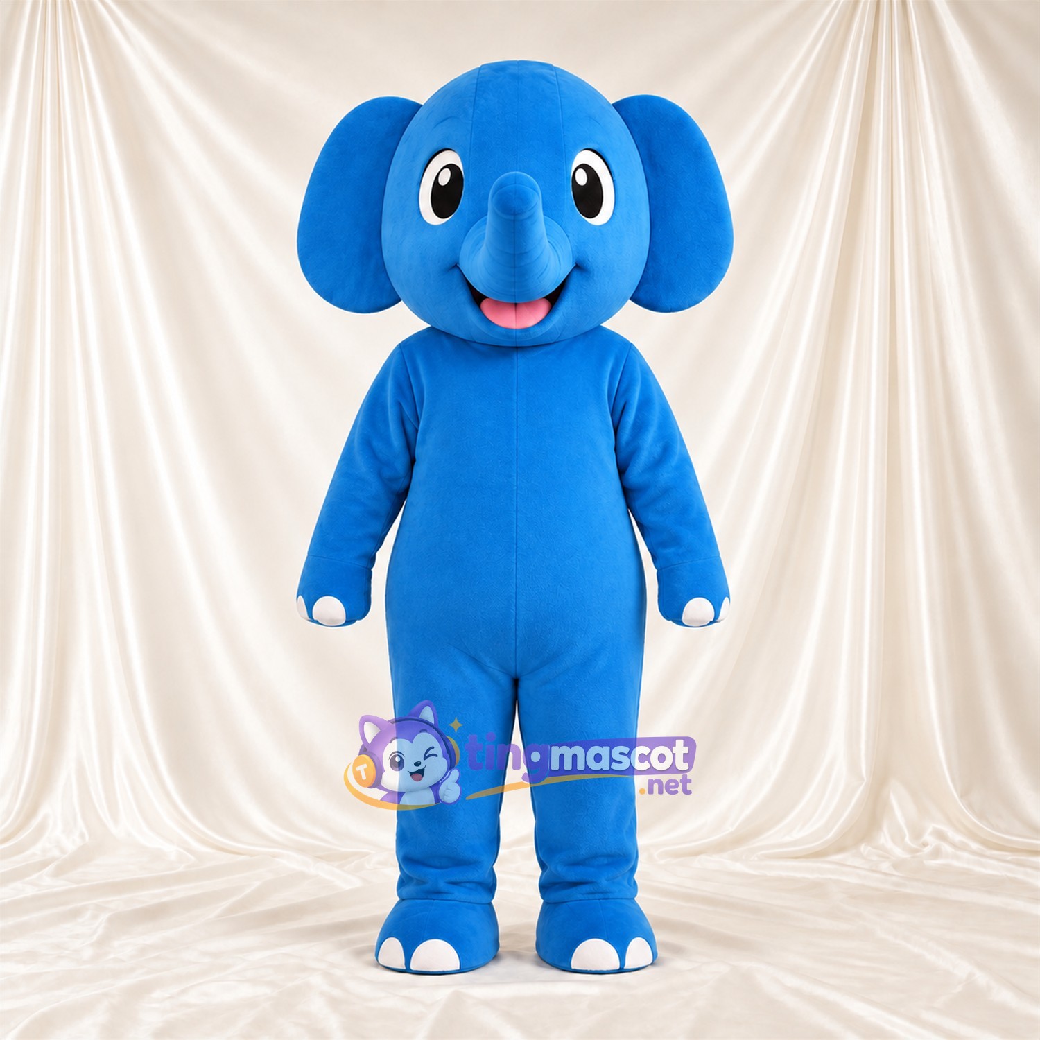 Costume de mascotte Éléphant – bleu – Griffes (blanc); Petite trompe Costume de mascotte Éléphant – bleu – Griffes (blanc); Petite trompe