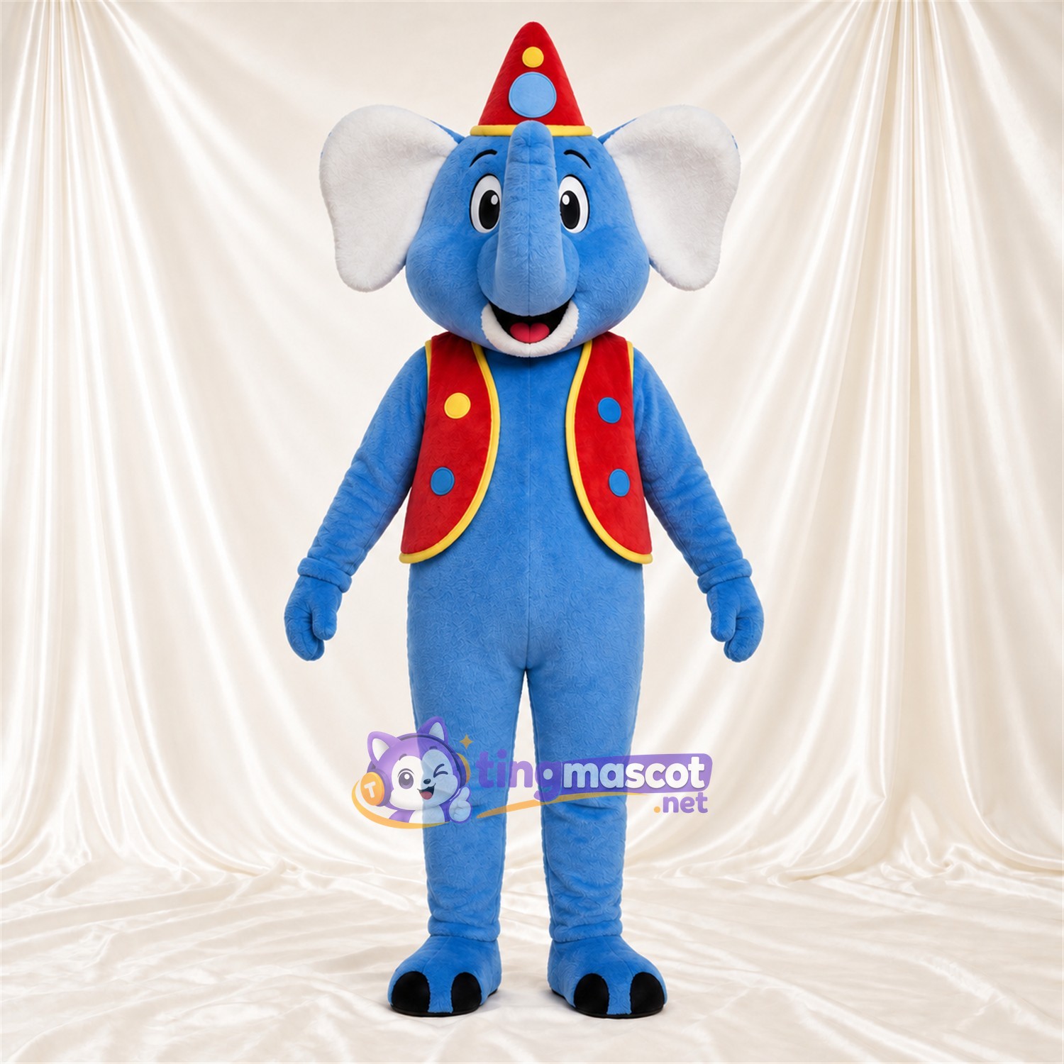 Costume de mascotte Éléphant – bleu – Chapeau (rouge); Gilet Costume de mascotte Éléphant – bleu – Chapeau (rouge); Gilet