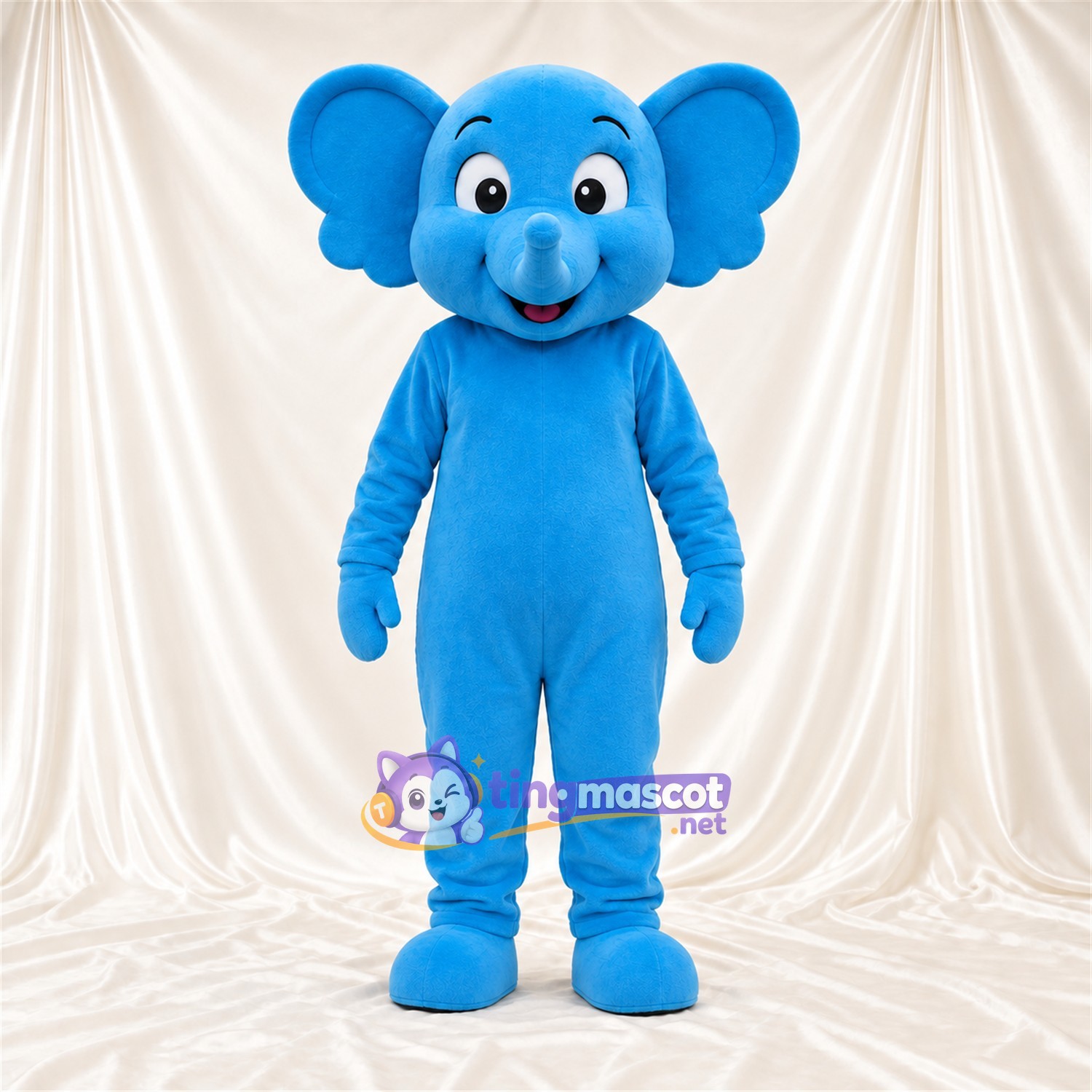 Maskottchenkostüm Elefant – blau – Lächelndes Gesicht; Kurzer Rüssel Maskottchenkostüm Elefant – blau – Lächelndes Gesicht; Kurzer Rüssel