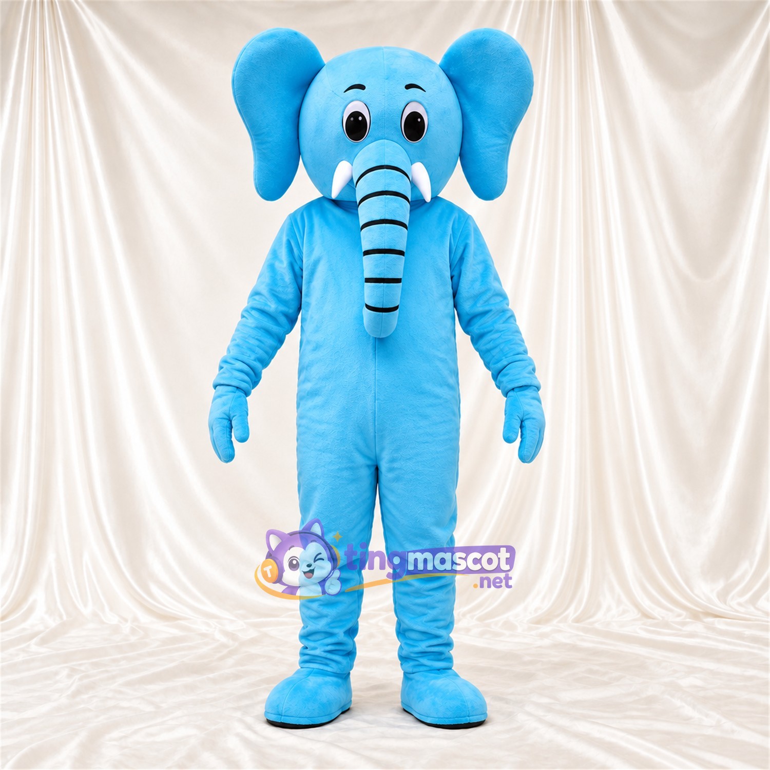 Maskottchenkostüm Elefant – blau – Lächelndes Gesicht; Langer Rüssel Maskottchenkostüm Elefant – blau – Lächelndes Gesicht; Langer Rüssel