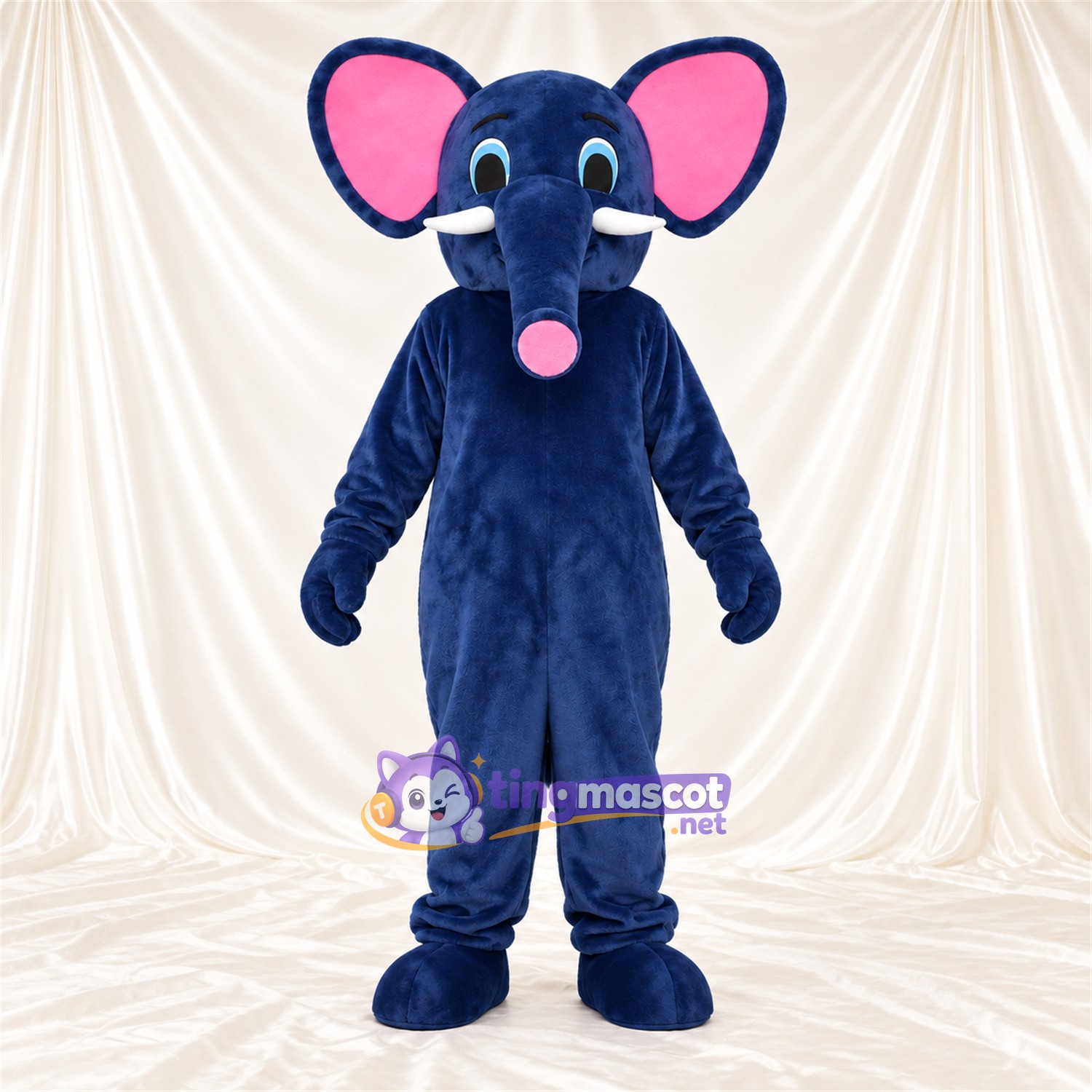 Blue Elephant Mascot Costume - Pink Trunk Tip and White Tusks Blue Elephant Mascot Costume - Pink Trunk Tip and White Tusks