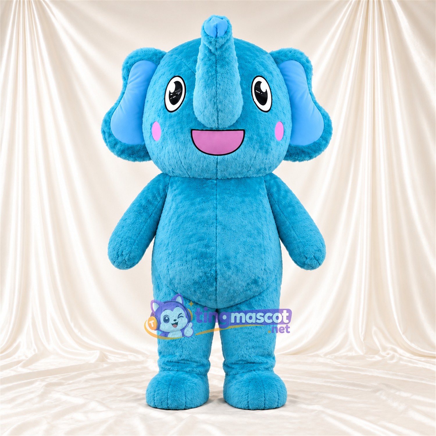 Blue Elephant Mascot Costume - Pink Cheeks and Raised Trunk Blue Elephant Mascot Costume - Pink Cheeks and Raised Trunk