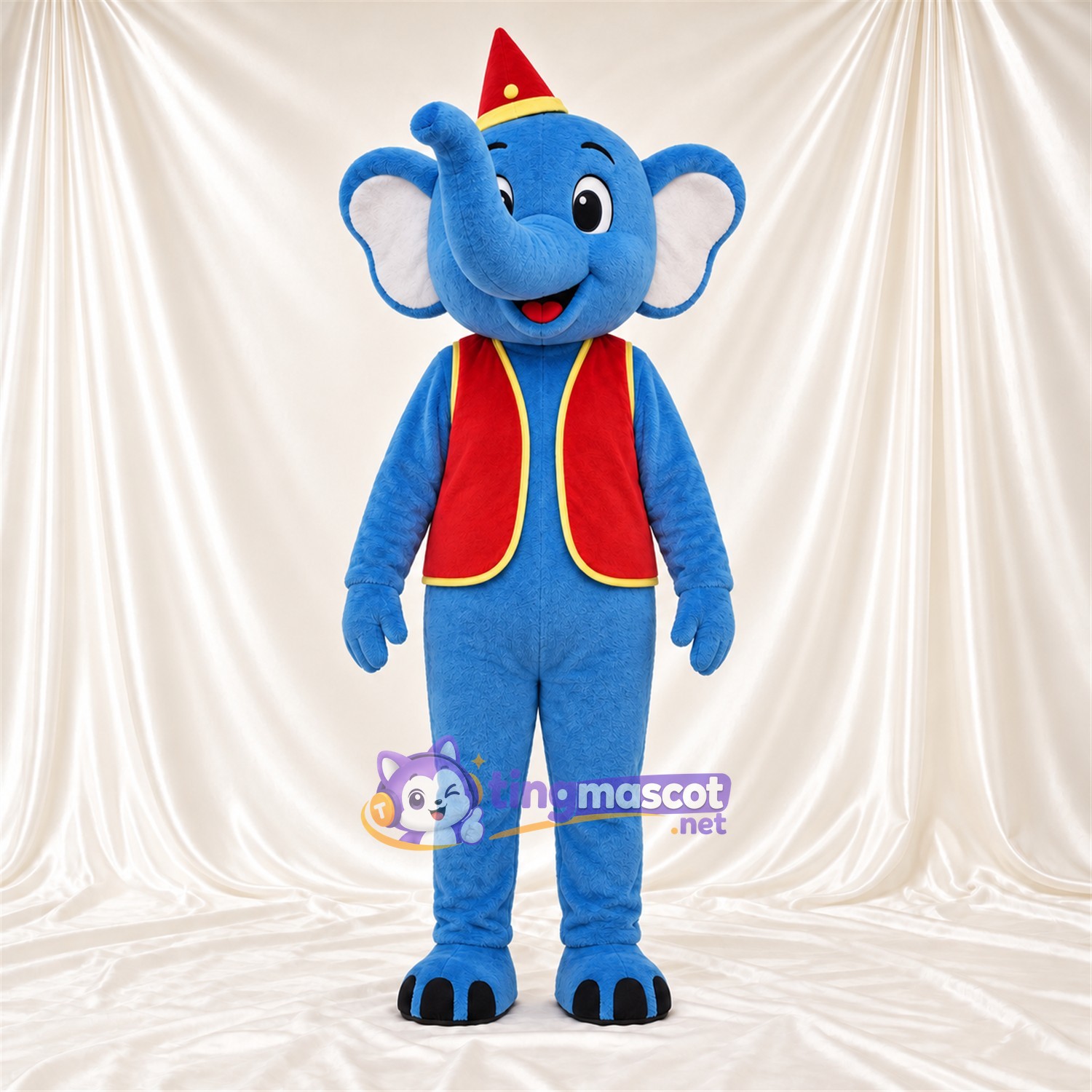 Costume de mascotte Éléphant – bleu – Chapeau (rouge); Gilet Costume de mascotte Éléphant – bleu – Chapeau (rouge); Gilet