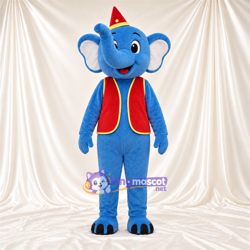 Costume de mascotte Éléphant – bleu – Chapeau (rouge); Gilet Costume de mascotte Éléphant – bleu – Chapeau (rouge); Gilet