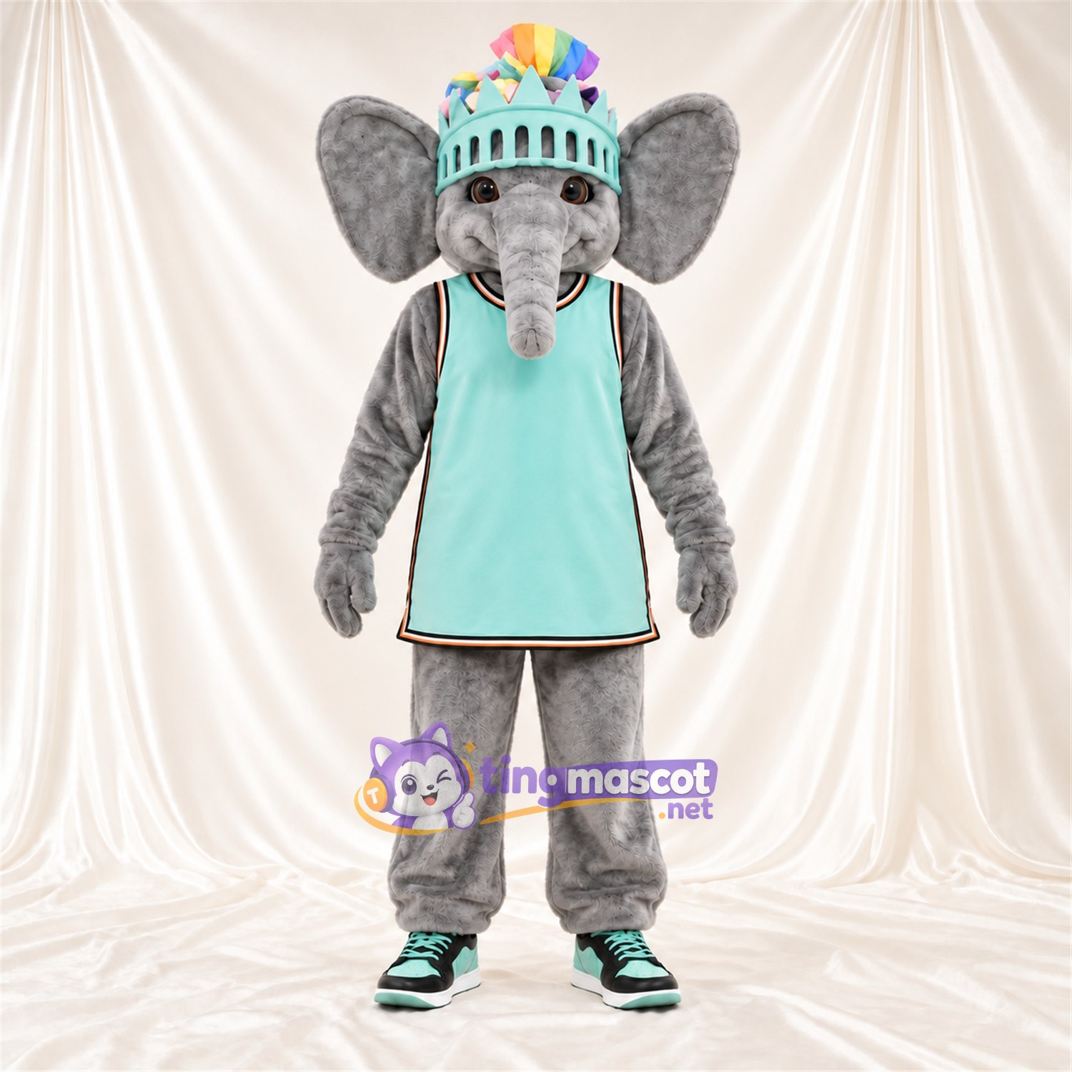 Costume de mascotte Éléphant – gris – Couronne (turquoise); Tunique Costume de mascotte Éléphant – gris – Couronne (turquoise); Tunique