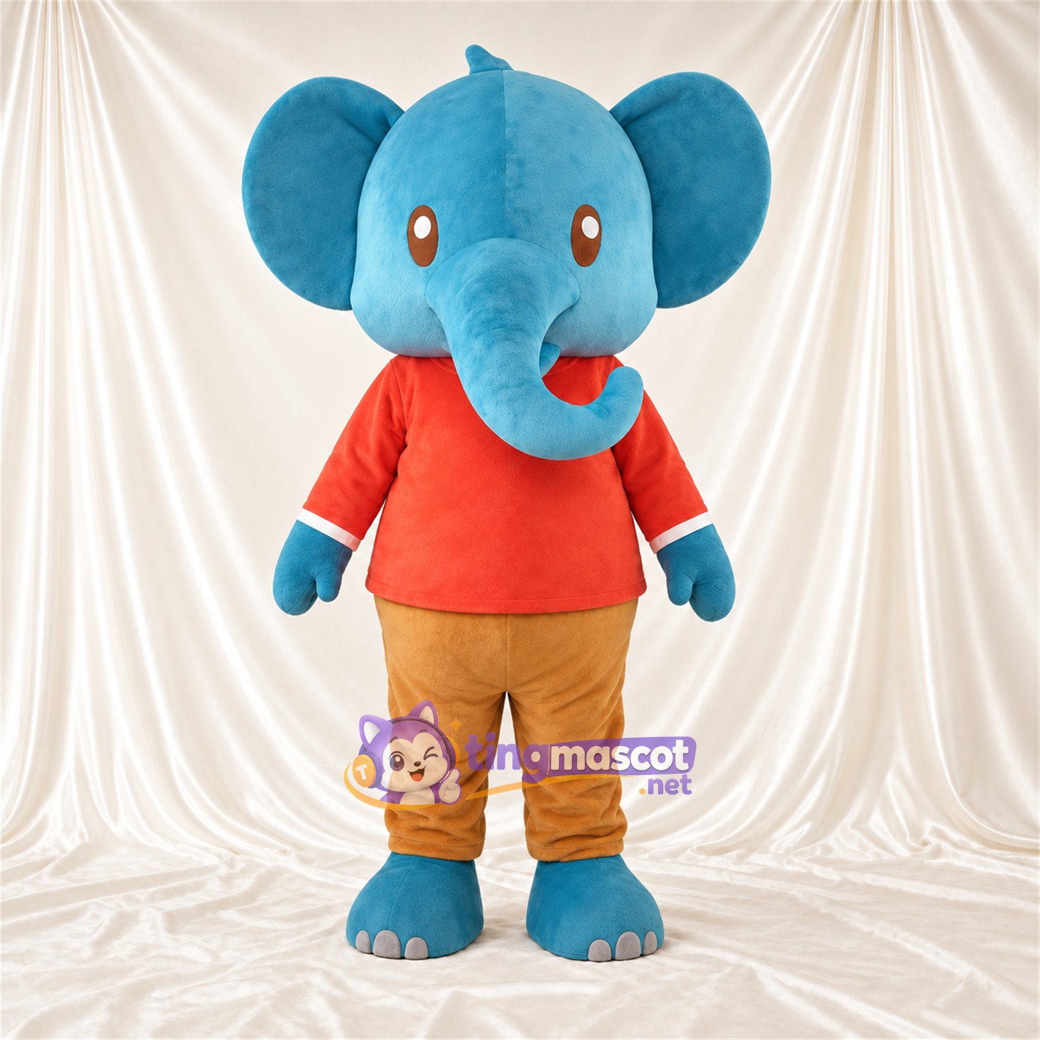 Costume de mascotte Éléphant – bleu – Chemise (rouge); Pantalon (brun clair) Costume de mascotte Éléphant – bleu – Chemise (rouge); Pantalon (brun clair)