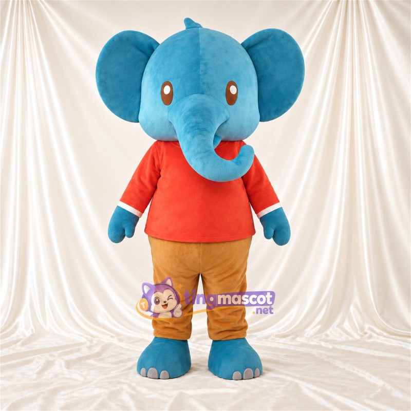 Costume de mascotte Éléphant – bleu – Chemise (rouge); Pantalon (brun clair) Costume de mascotte Éléphant – bleu – Chemise (rouge); Pantalon (brun clair)