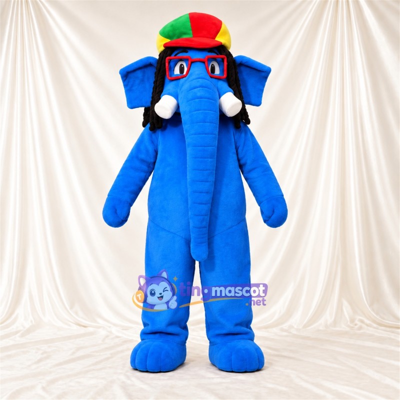 Costume de mascotte Éléphant – bleu – Casquette (multicolore); Lunettes (rouge) Costume de mascotte Éléphant – bleu – Casquette (multicolore); Lunettes (rouge)
