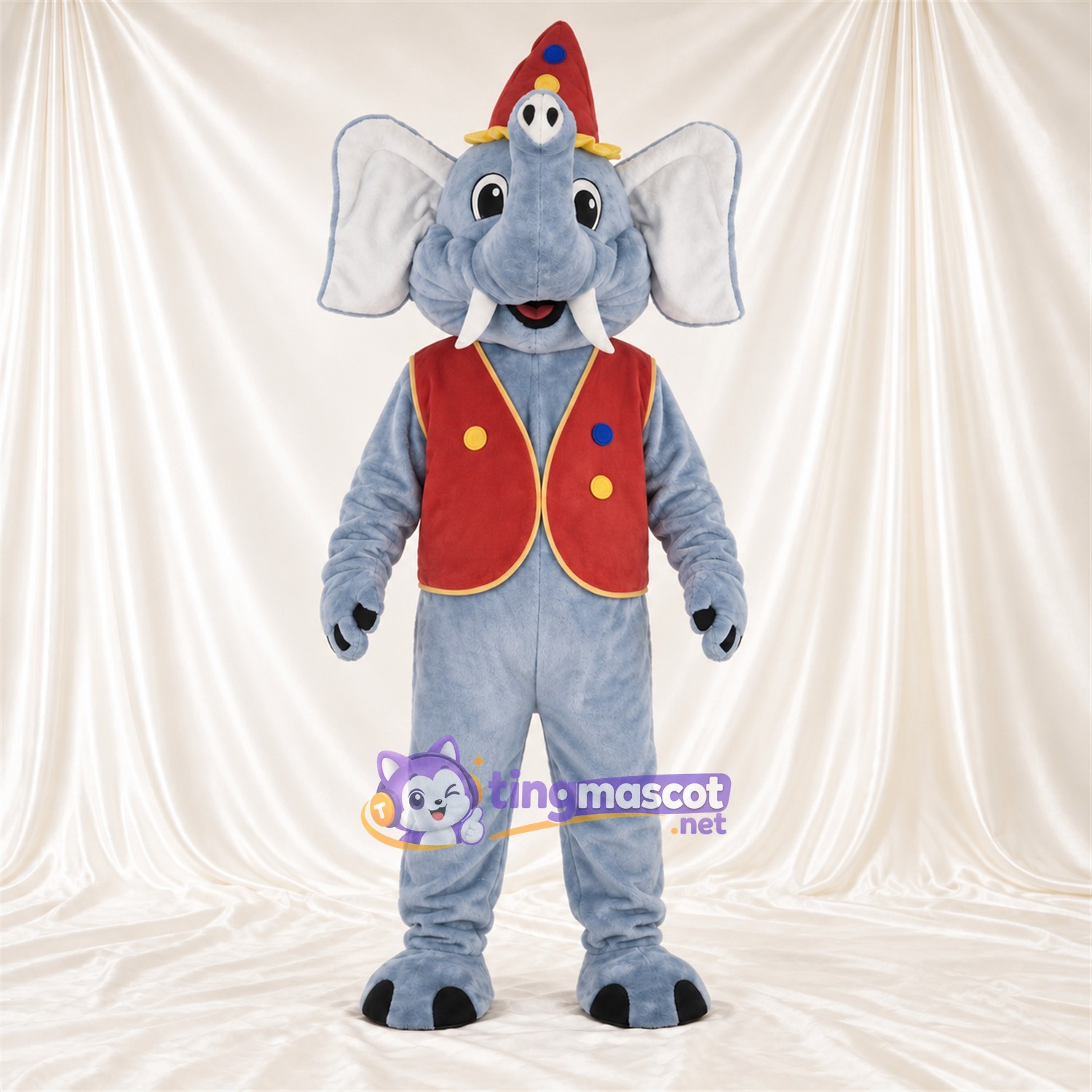 Costume de mascotte Éléphant – gris – Chapeau (rouge); Gilet Costume de mascotte Éléphant – gris – Chapeau (rouge); Gilet