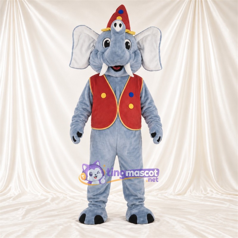 Costume de mascotte Éléphant – gris – Chapeau (rouge); Gilet Costume de mascotte Éléphant – gris – Chapeau (rouge); Gilet