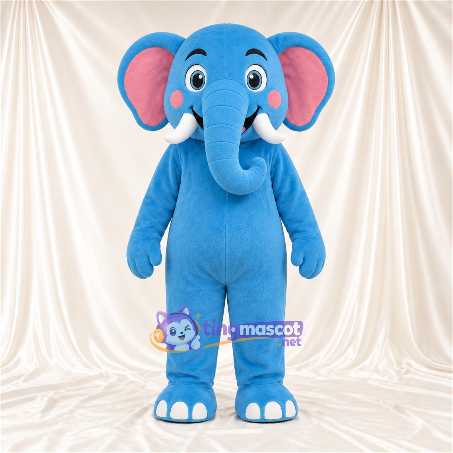 Blue Elephant Mascot Costume - Curled Trunk and White Tusks Blue Elephant Mascot Costume - Curled Trunk and White Tusks
