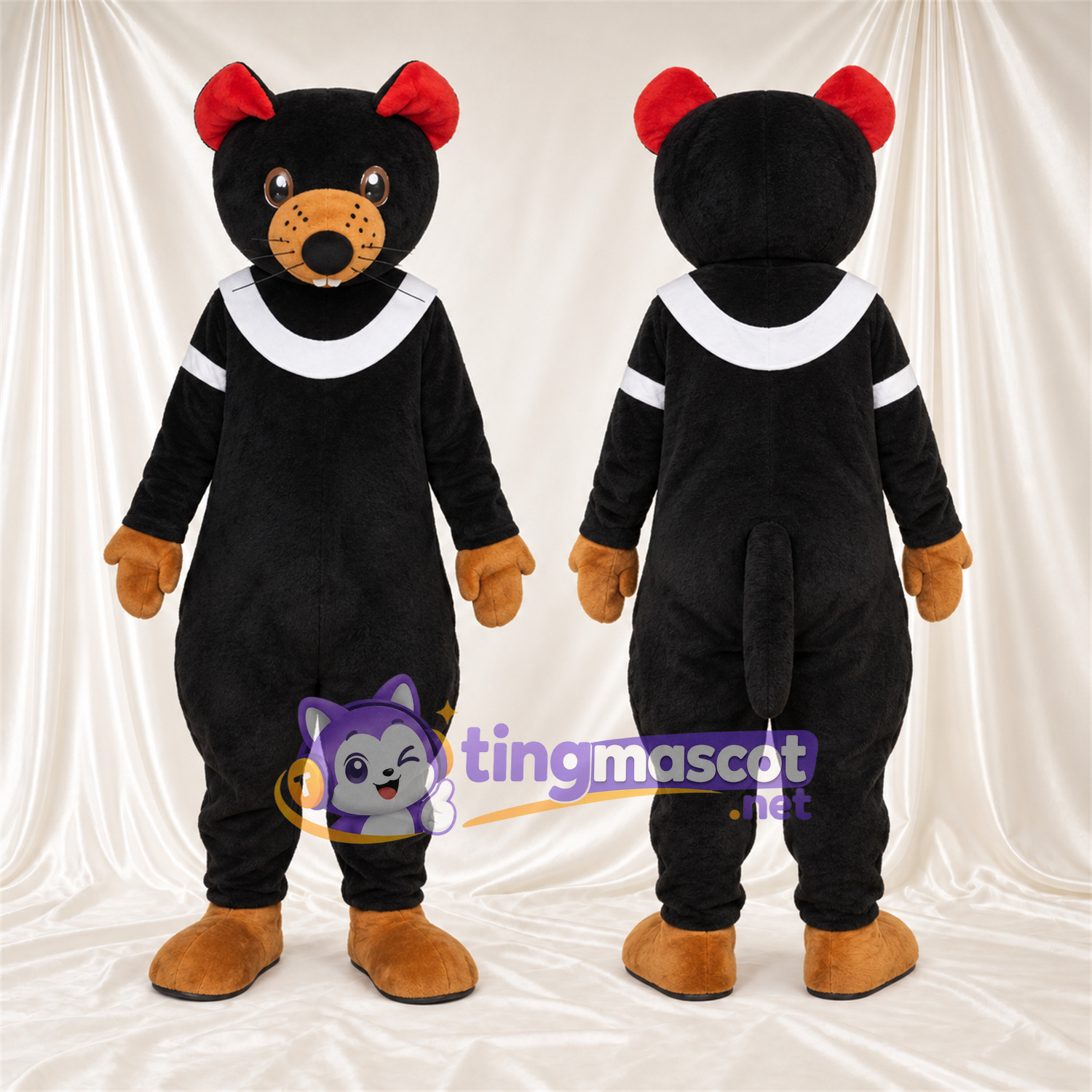 Costume de mascotte Chat – noir – Col (blanc); Nœuds (rouge) Costume de mascotte Chat – noir – Col (blanc); Nœuds (rouge)