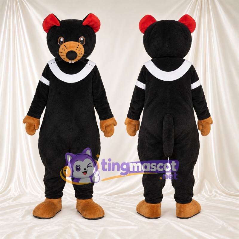 Costume de mascotte Chat – noir – Col (blanc); Nœuds (rouge)