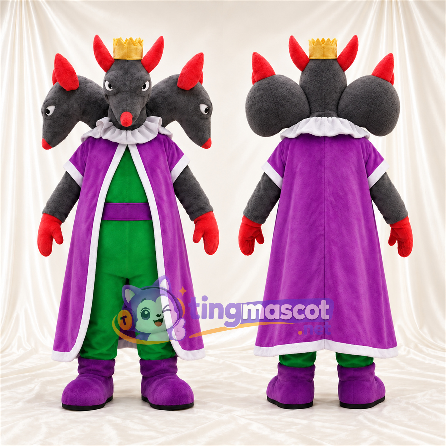 Maskottchenkostüm Dreiköpfiger Drache – grau – Umhang (violett); Outfit (grün) Maskottchenkostüm Dreiköpfiger Drache – grau – Umhang (violett); Outfit (grün)