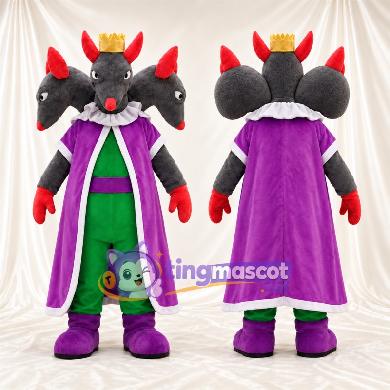 Costume de mascotte Dragon à trois têtes – gris – Cape (violet); Tenue (vert)