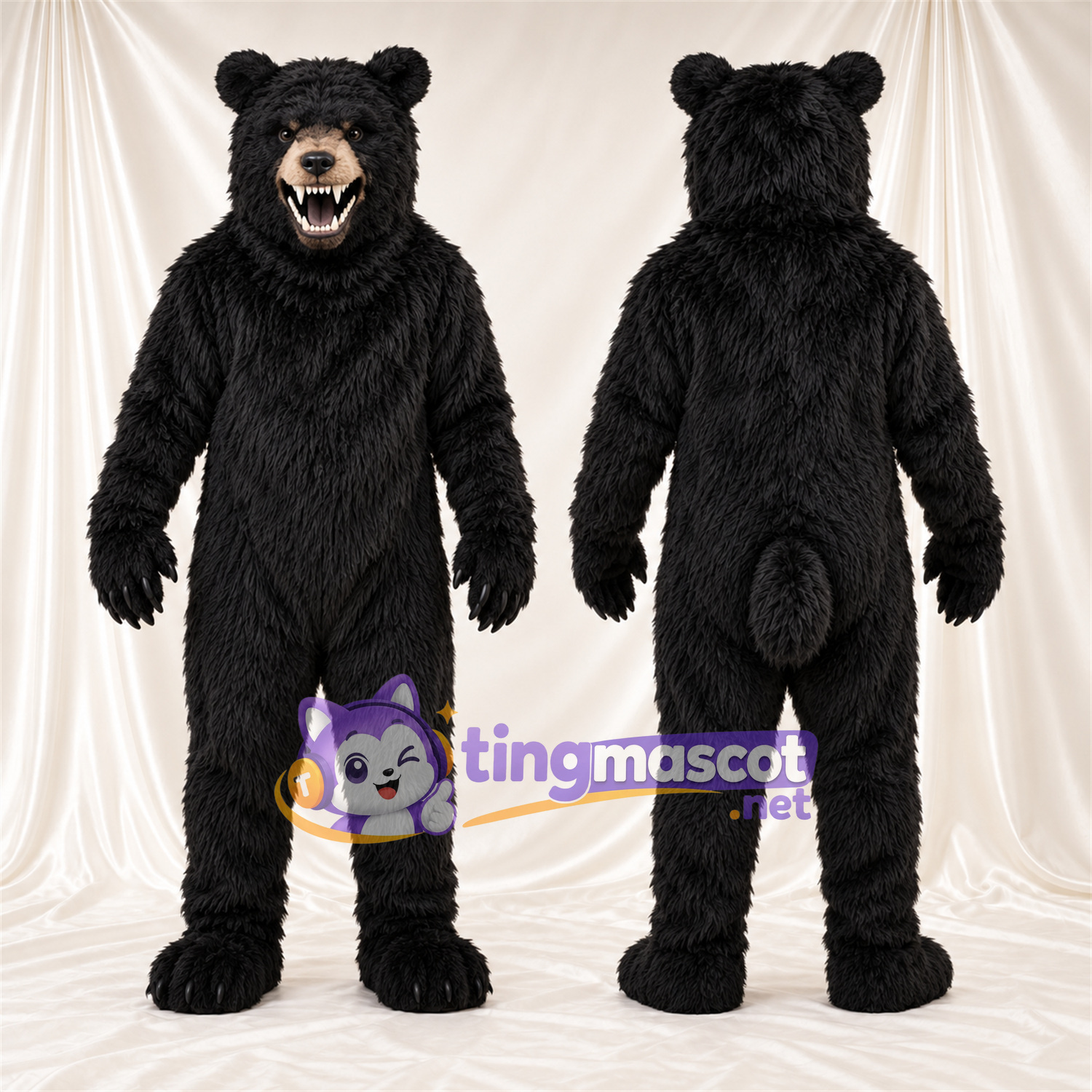 Black Bear Mascot Costume - Pointed Fangs and Shaggy Fur Black Bear Mascot Costume - Pointed Fangs and Shaggy Fur