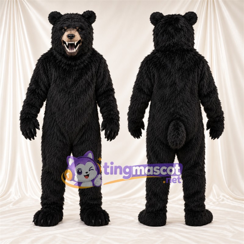 Black Bear Mascot Costume - Pointed Fangs and Shaggy Fur