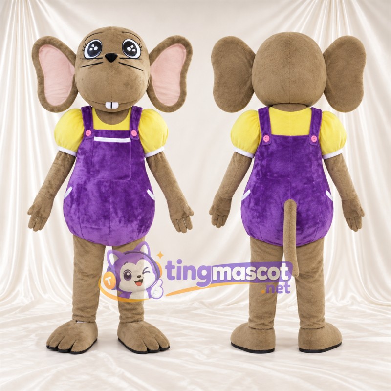 Maskottchenkostüm Ratte – braun – Hemd (gelb); Latzhose (violett)