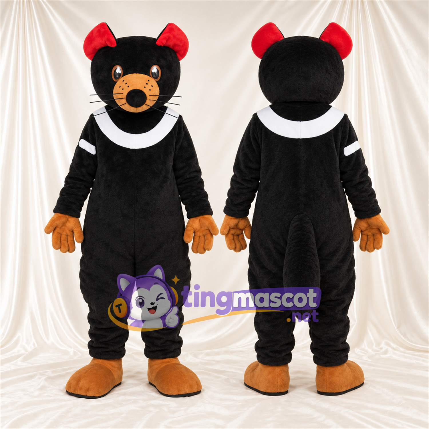 Costume de mascotte Chat – noir – Col (blanc); Nœuds (rouge) Costume de mascotte Chat – noir – Col (blanc); Nœuds (rouge)