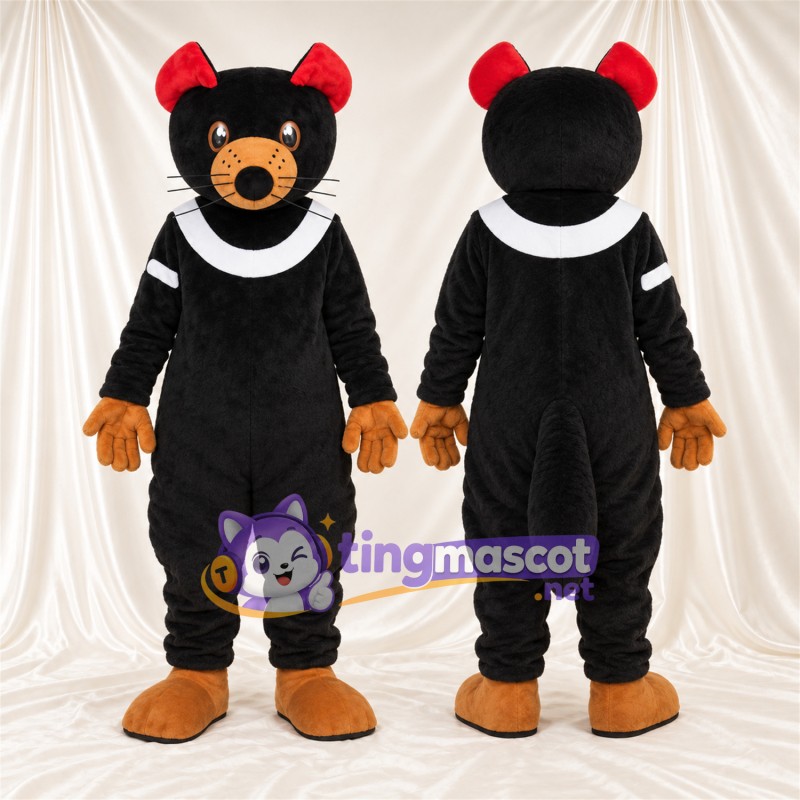 Costume de mascotte Chat – noir – Col (blanc); Nœuds (rouge)
