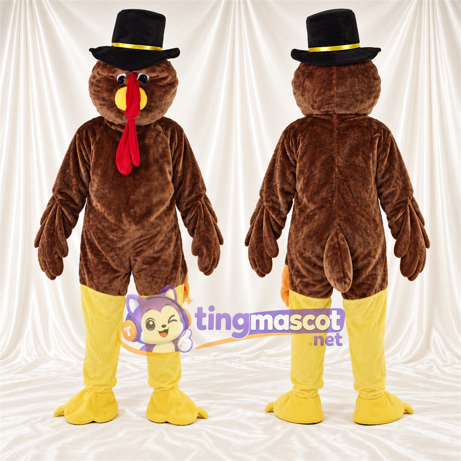 Brown Turkey Mascot Costume - Black Top Hat Brown Turkey Mascot Costume - Black Top Hat