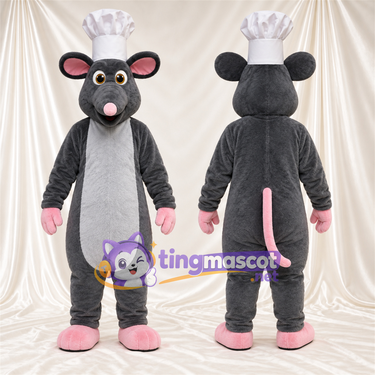 Maskottchenkostüm Maus – dunkelgrau – Kochmütze (weiß) Maskottchenkostüm Maus – dunkelgrau – Kochmütze (weiß)