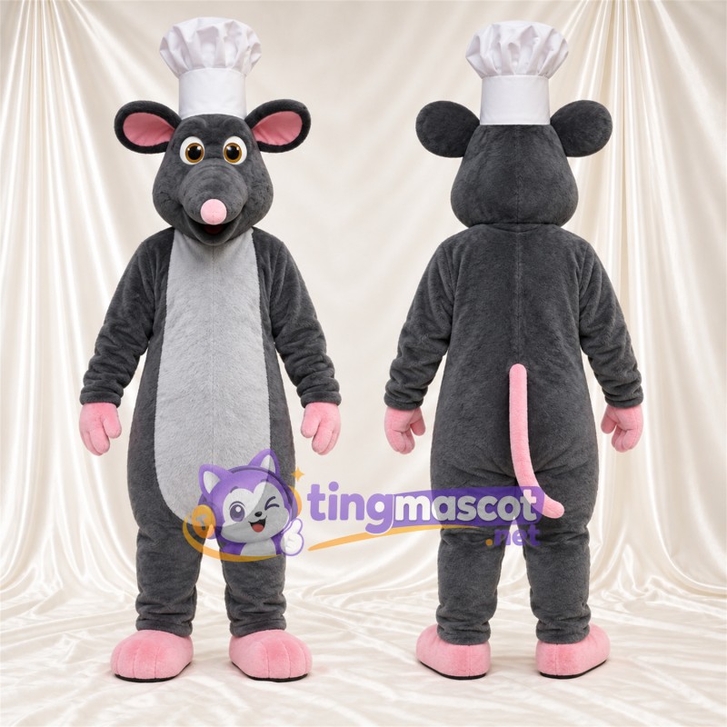 Maskottchenkostüm Maus – dunkelgrau – Kochmütze (weiß)