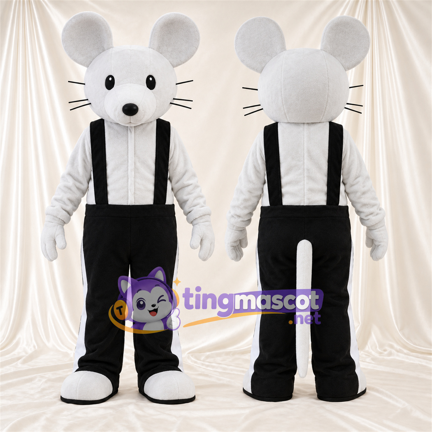 Costume de mascotte Souris – blanc – Salopette (noir) Costume de mascotte Souris – blanc – Salopette (noir)