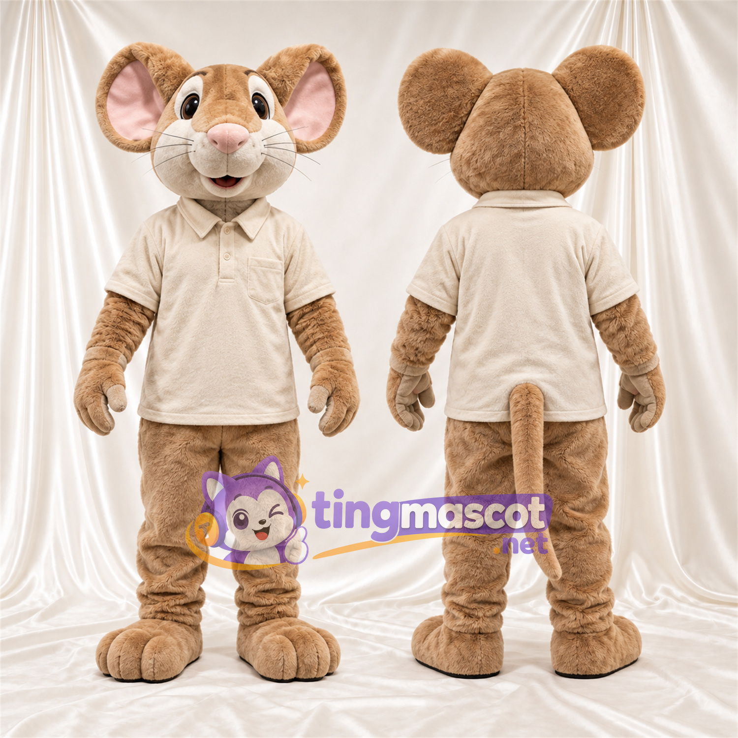 Maskottchenkostüm Maus – hellbraun – Poloshirt (creme) Maskottchenkostüm Maus – hellbraun – Poloshirt (creme)