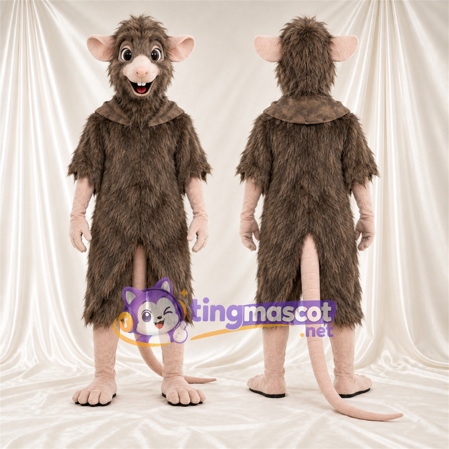 Maskottchenkostüm Ratte – braun – Schwanz (rosa); Zottelfell Maskottchenkostüm Ratte – braun – Schwanz (rosa); Zottelfell