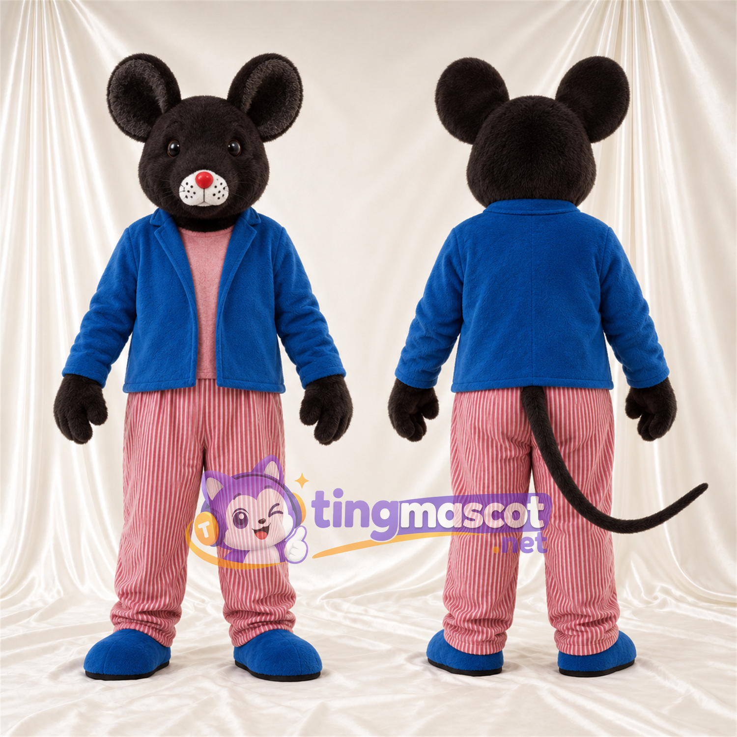 Black Mouse Mascot Costume - Blue Jacket and Pink Pants Black Mouse Mascot Costume - Blue Jacket and Pink Pants