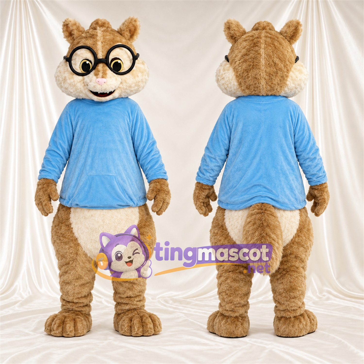 Costume de mascotte Écureuil – marron – Sweat à capuche (bleu); Lunettes Costume de mascotte Écureuil – marron – Sweat à capuche (bleu); Lunettes