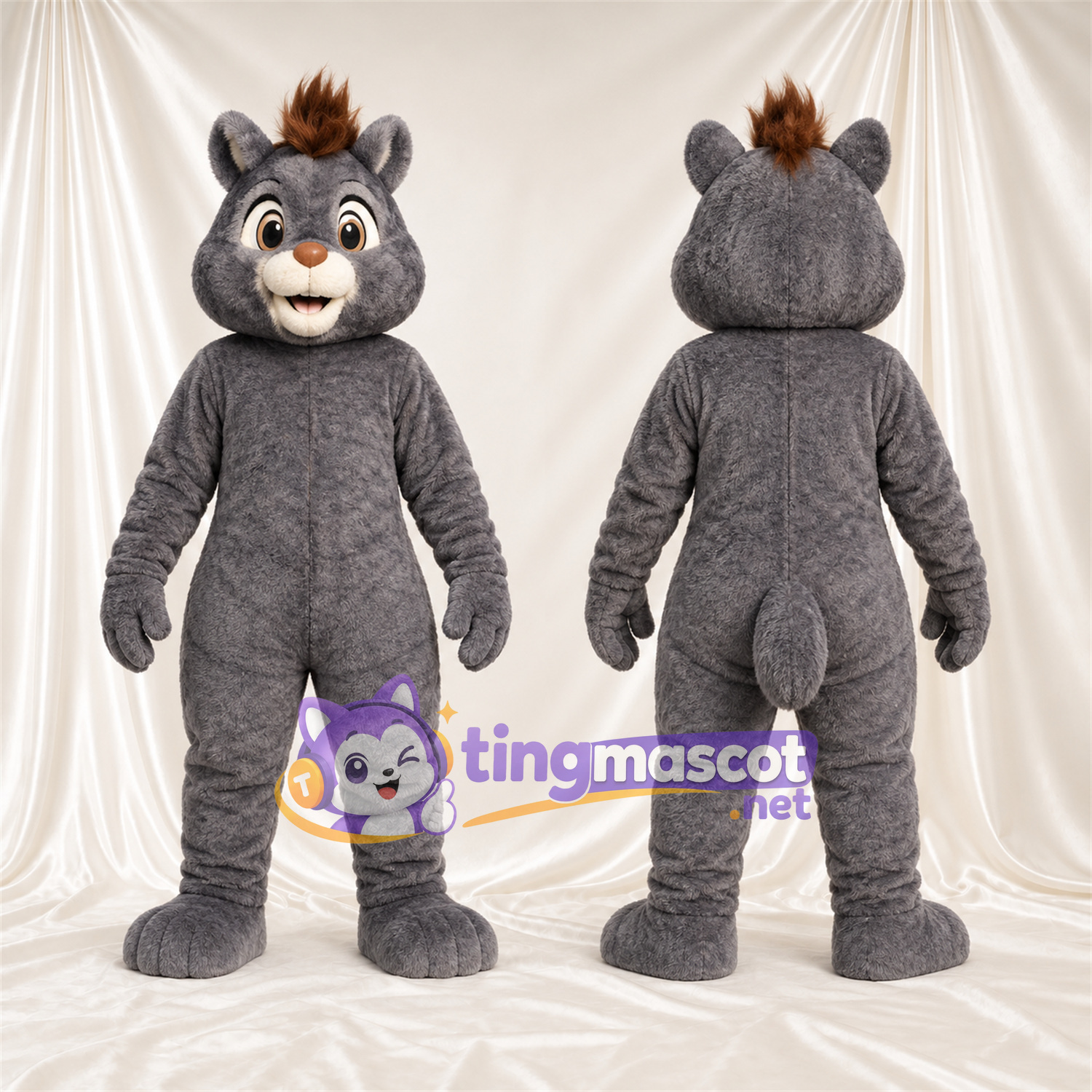 Costume de mascotte Écureuil – gris – Touffe sur la tête (marron); Grandes incisives Costume de mascotte Écureuil – gris – Touffe sur la tête (marron); Grandes incisives