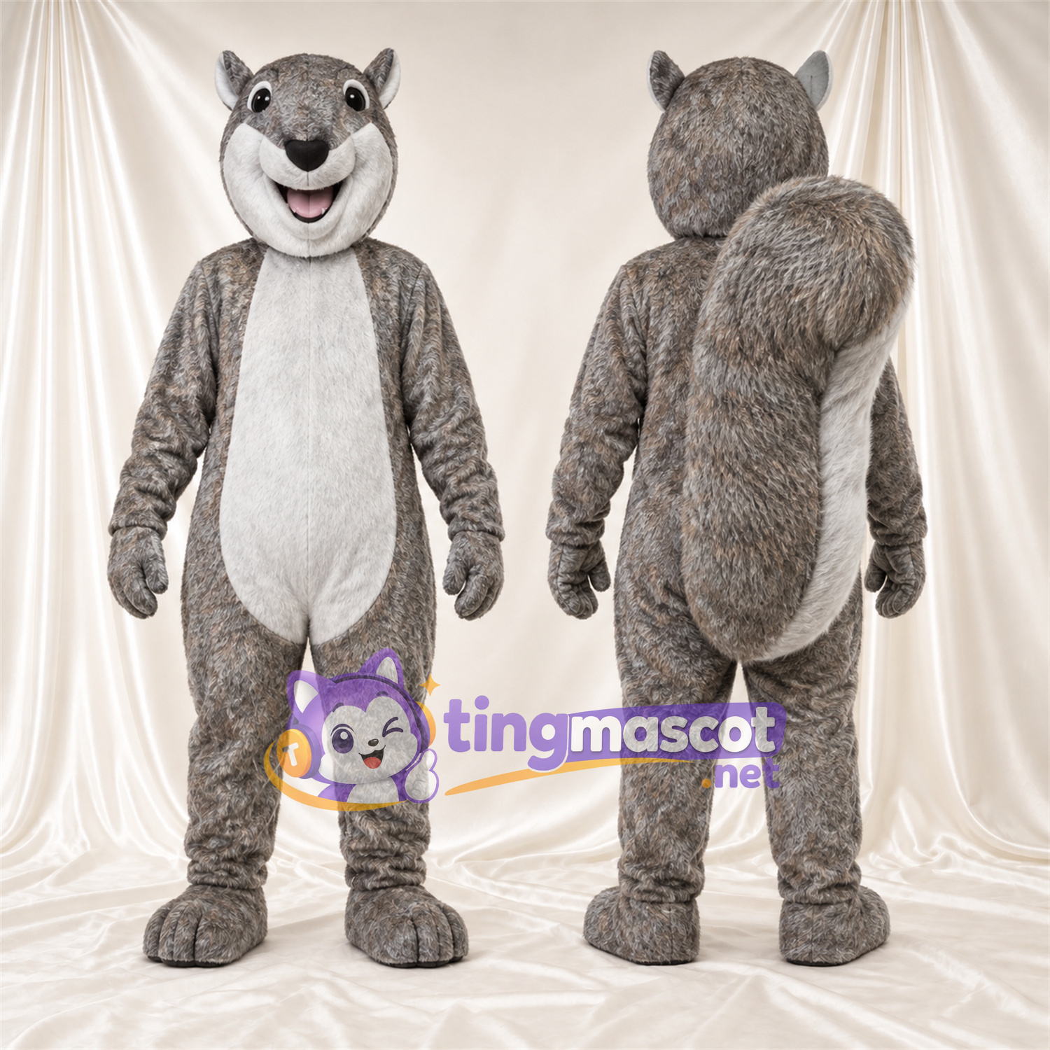 Maskottchenkostüm Eichhörnchen – grau / weiß – Bauch (weiß); Buschiger Schwanz Maskottchenkostüm Eichhörnchen – grau / weiß – Bauch (weiß); Buschiger Schwanz