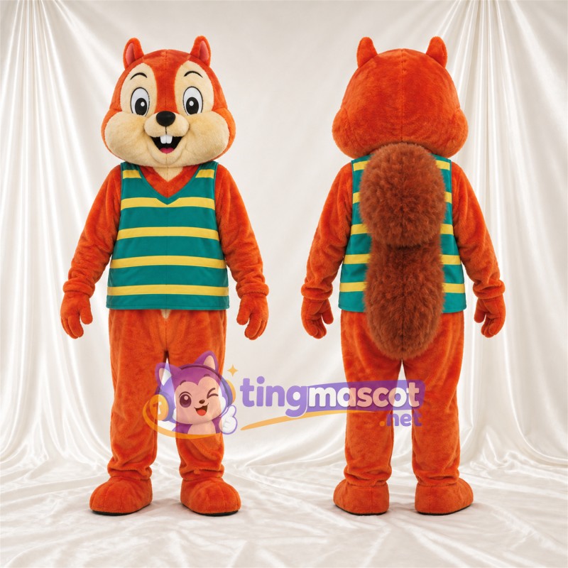 Brown Chipmunk Mascot Costume - Green and Yellow Striped Shirt