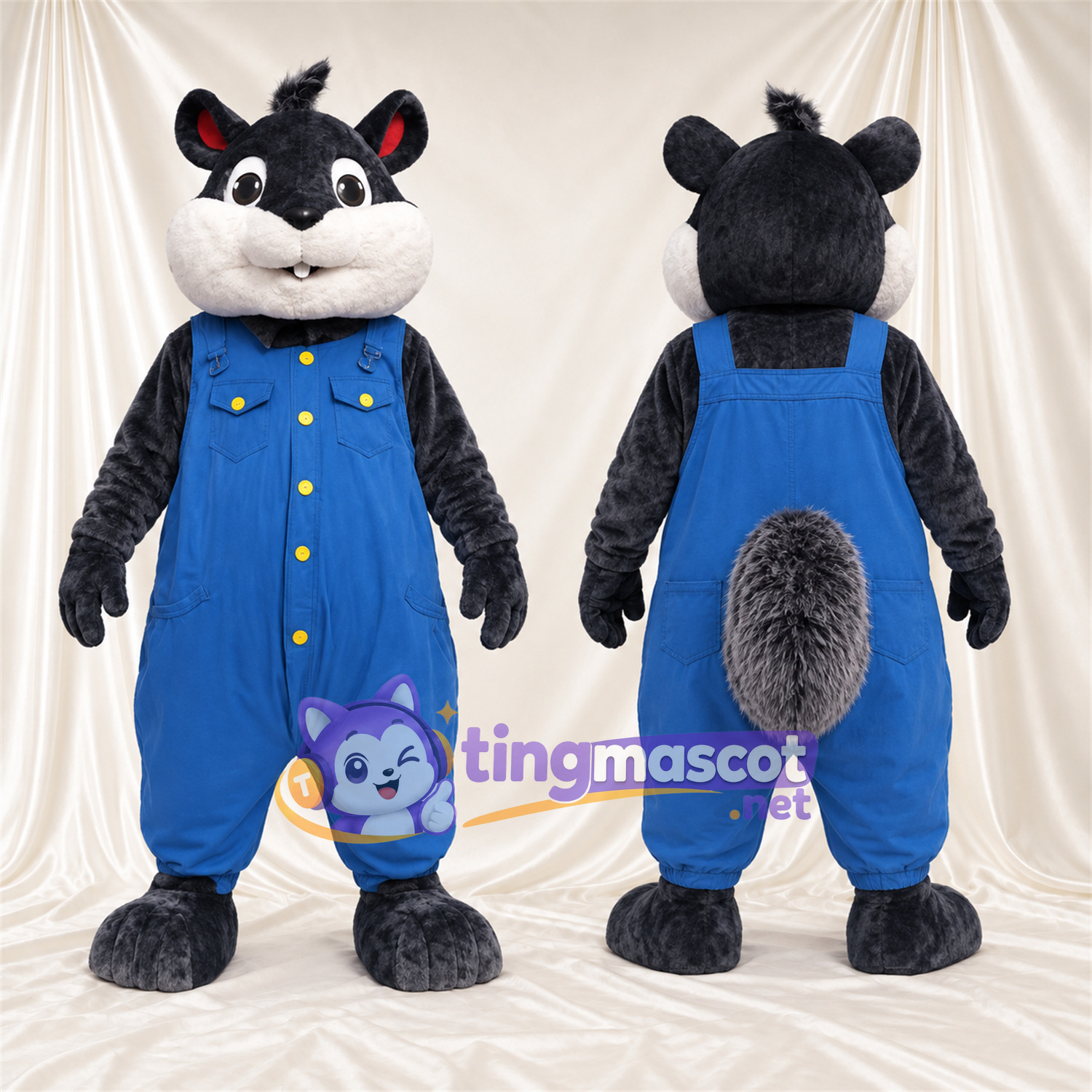 Black and Gray Raccoon Mascot Costume - Blue Overalls Black and Gray Raccoon Mascot Costume - Blue Overalls