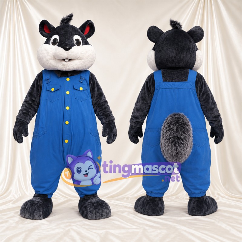 Black and Gray Raccoon Mascot Costume - Blue Overalls