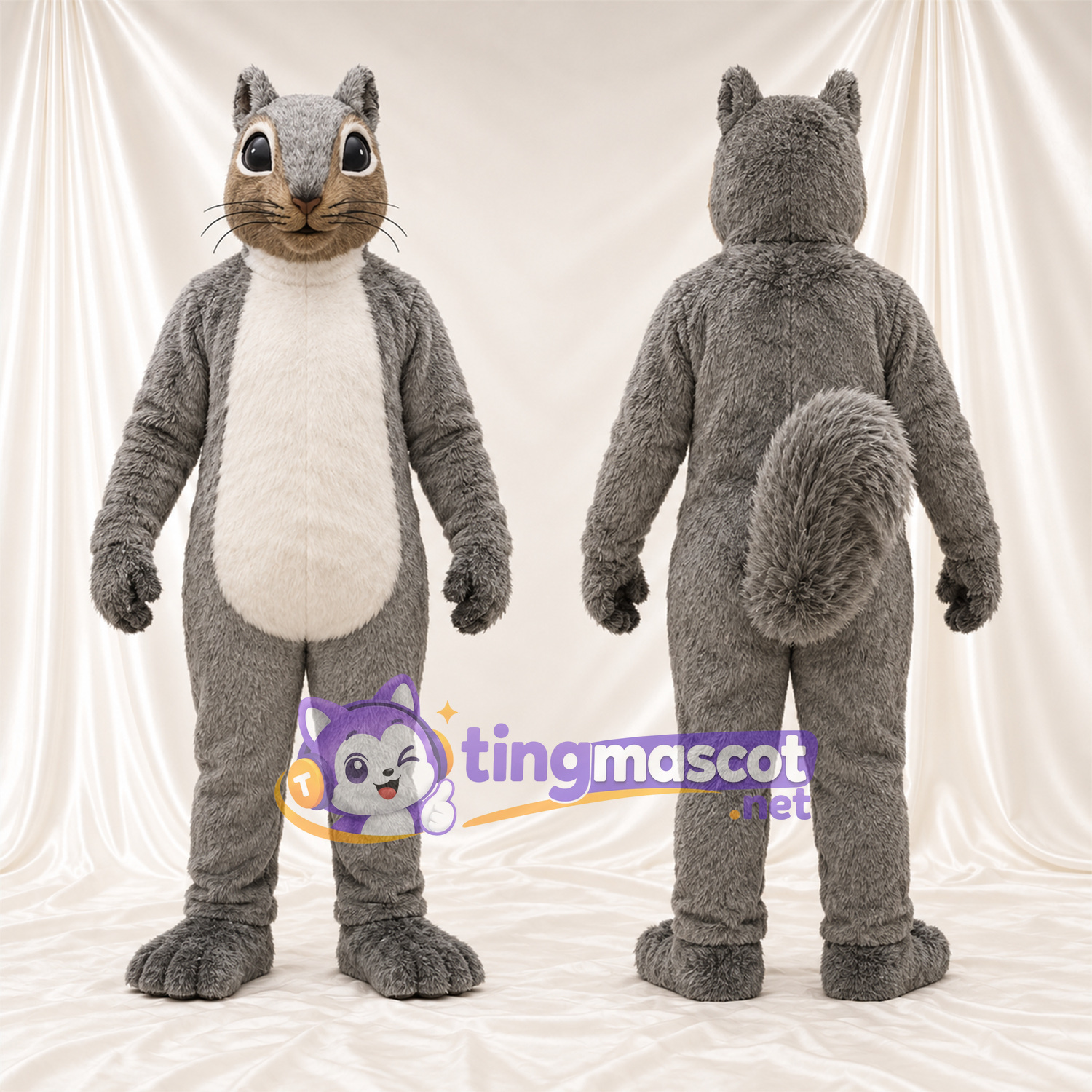 Maskottchenkostüm Eichhörnchen – grau / weiß – Bauch (creme); Runde Schnauze Maskottchenkostüm Eichhörnchen – grau / weiß – Bauch (creme); Runde Schnauze
