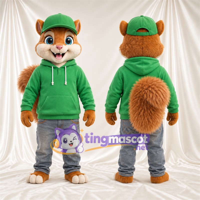 Costume de mascotte Écureuil – marron – Sweat à capuche (vert); Casquette (vert)