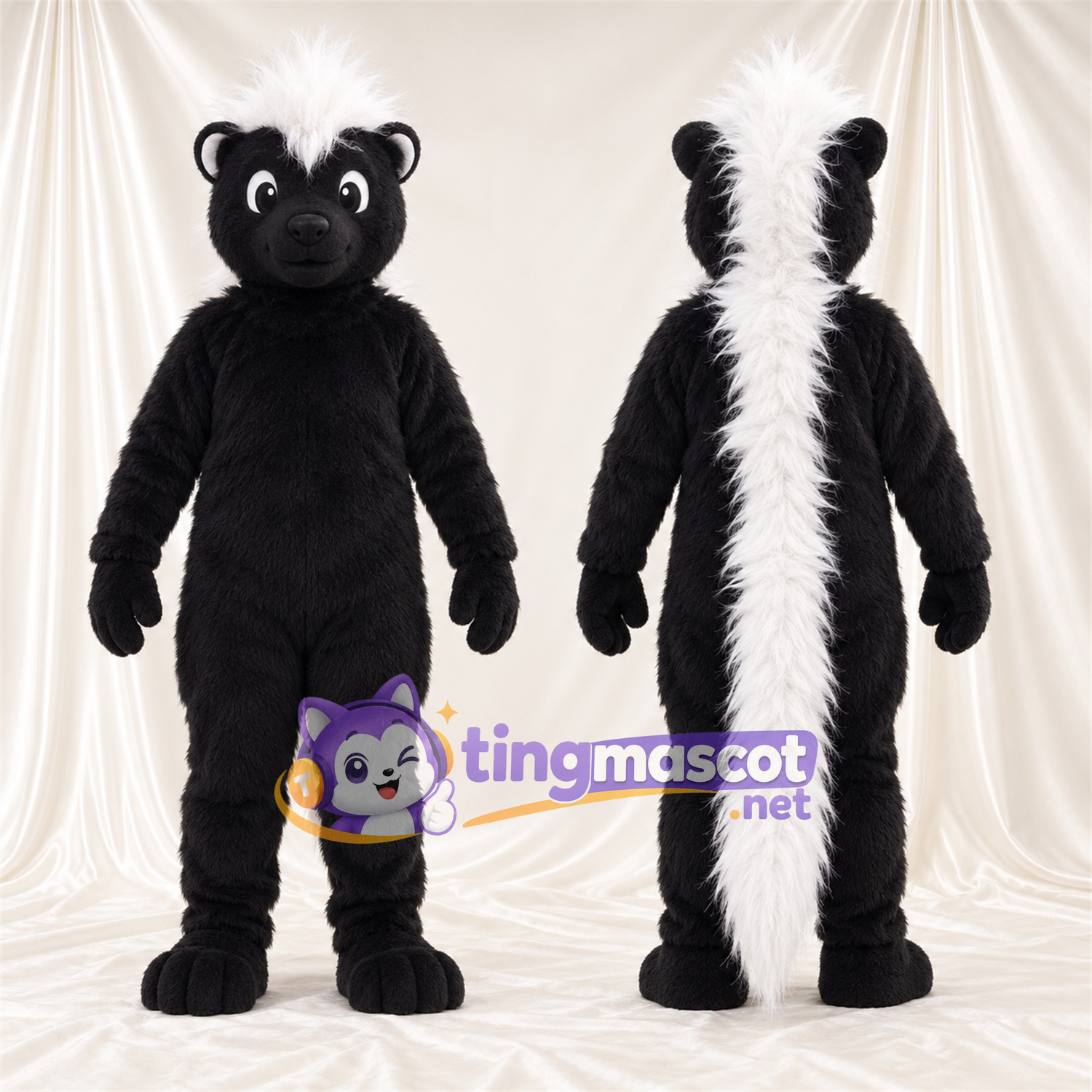 Black and White Skunk Mascot Costume - White Back Stripe and White Head Tuft Black and White Skunk Mascot Costume - White Back Stripe and White Head Tuft