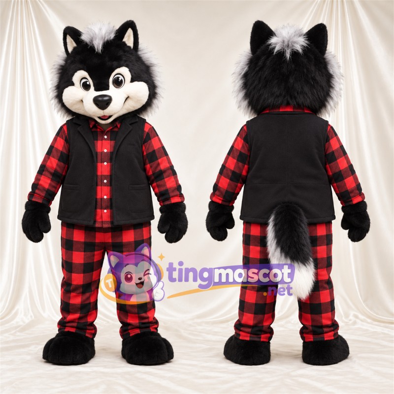 Black and White Skunk Mascot Costume - Red Plaid Outfit