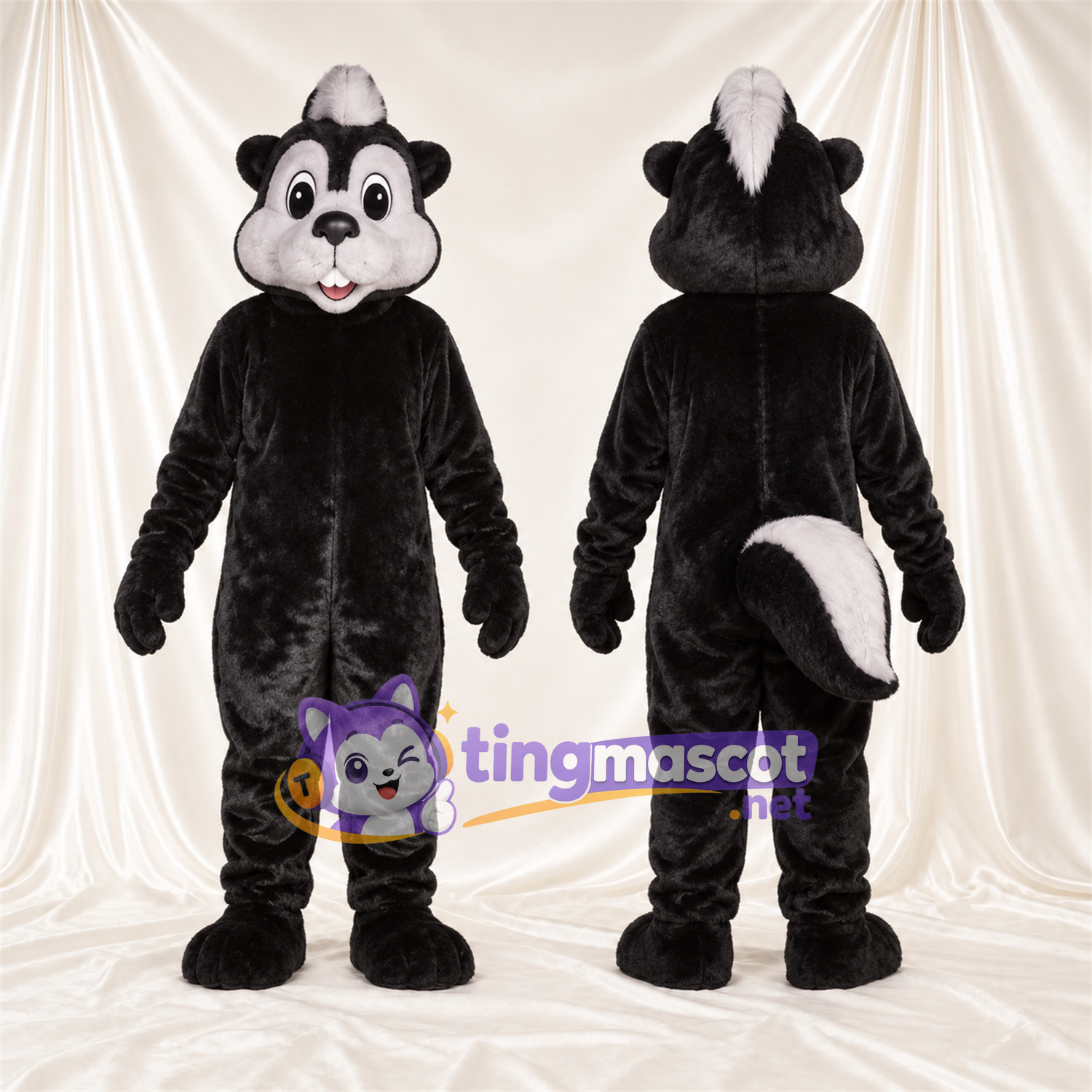 Black and White Skunk Mascot Costume - Curled Tail and White Face Black and White Skunk Mascot Costume - Curled Tail and White Face