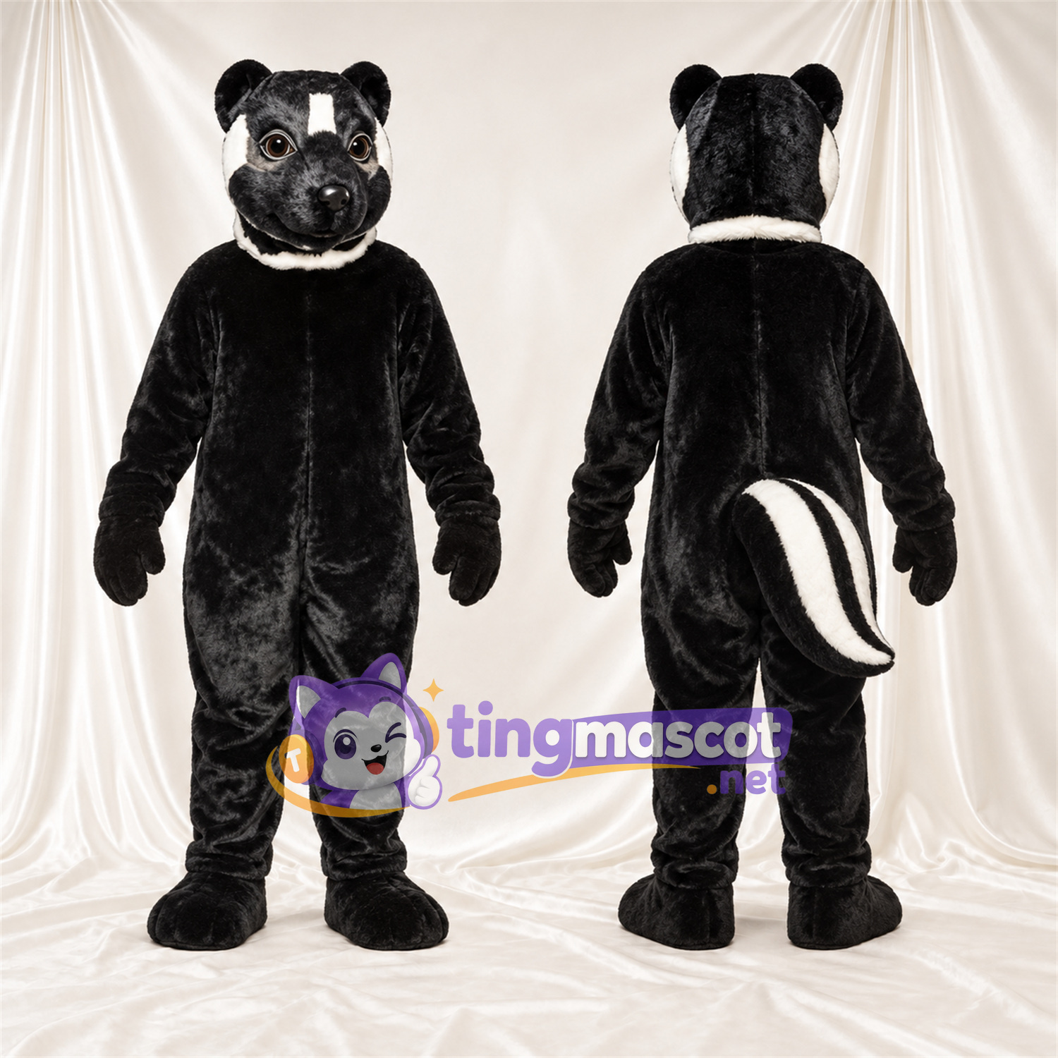 Costume de mascotte Mouffette – noir / blanc – Queue rayée (blanc); Col (noir) Costume de mascotte Mouffette – noir / blanc – Queue rayée (blanc); Col (noir)