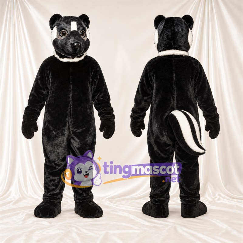 Costume de mascotte Mouffette – noir / blanc – Queue rayée (blanc); Col (noir)