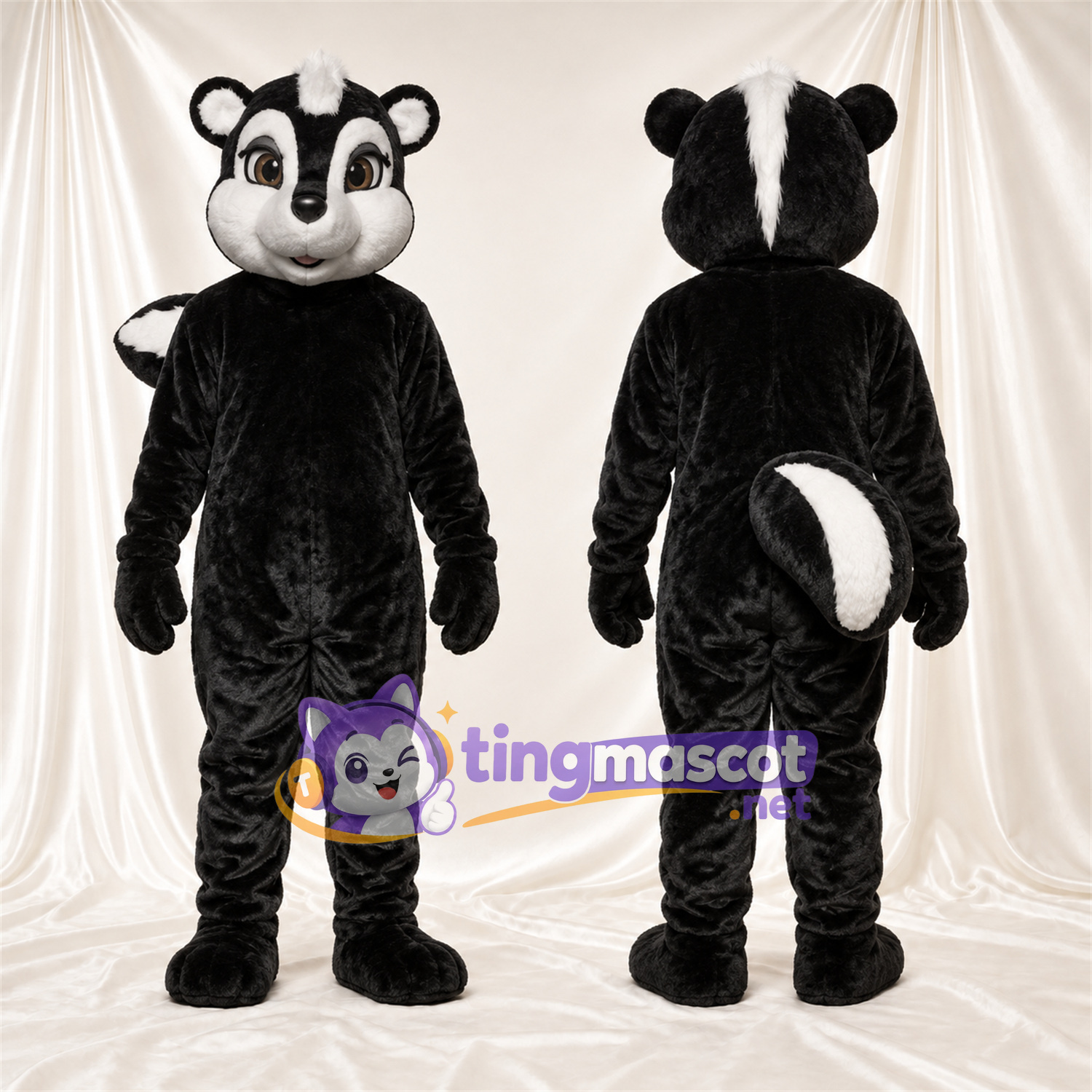 Black and White Skunk Mascot Costume - Curled Tail and White Cheeks Black and White Skunk Mascot Costume - Curled Tail and White Cheeks