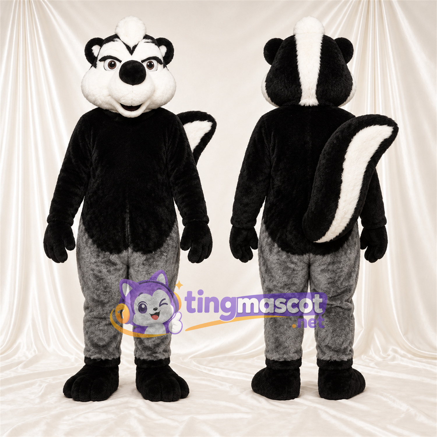 Costume de mascotte Mouffette – noir / blanc – Queue touffue; Bas des jambes (gris) Costume de mascotte Mouffette – noir / blanc – Queue touffue; Bas des jambes (gris)