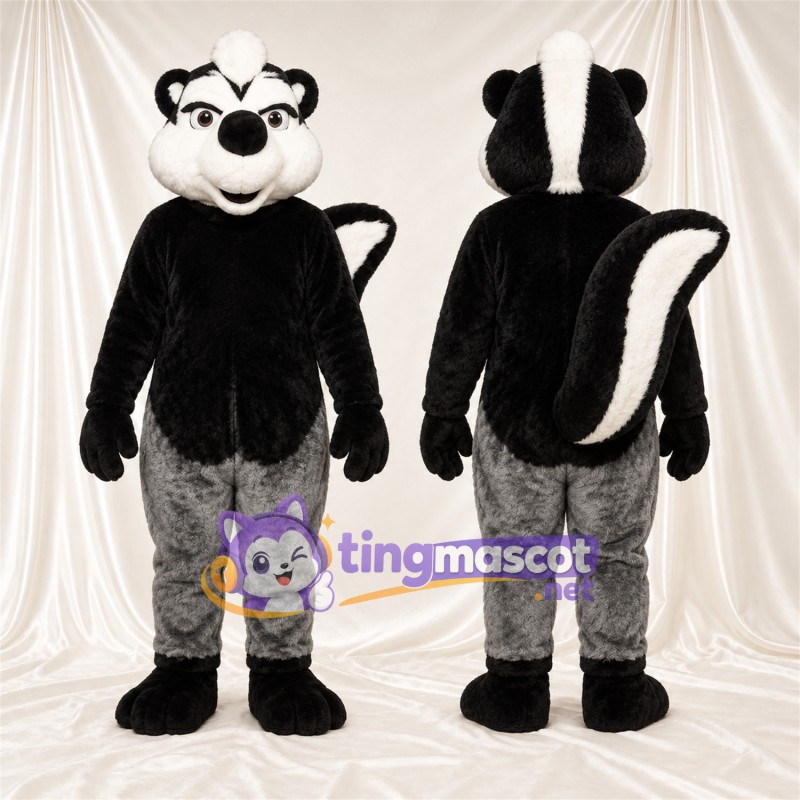 Costume de mascotte Mouffette – noir / blanc – Queue touffue; Bas des jambes (gris)