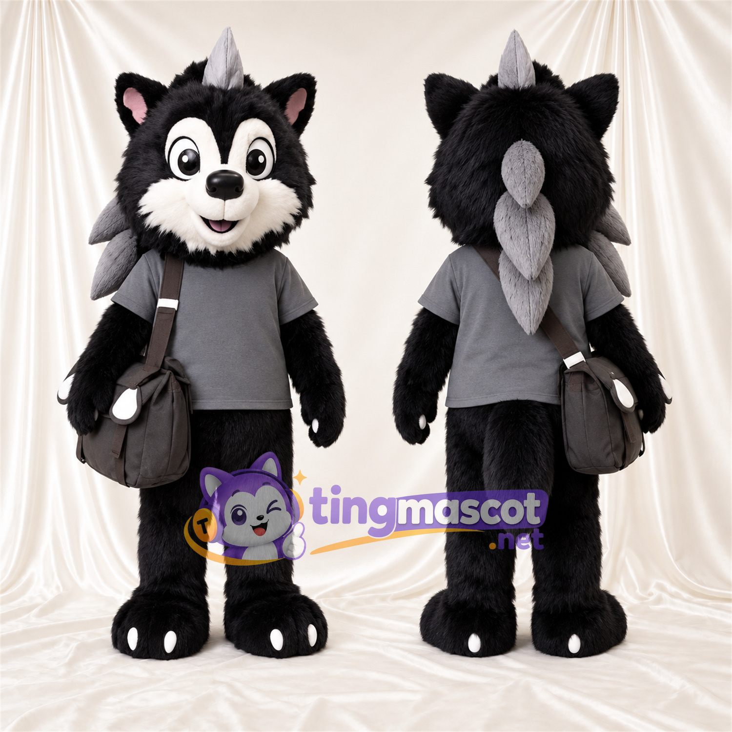 Black and White Raccoon Mascot Costume - Gray Shirt, Spiked Ruff and Shoulder Bag Black and White Raccoon Mascot Costume - Gray Shirt, Spiked Ruff and Shoulder Bag