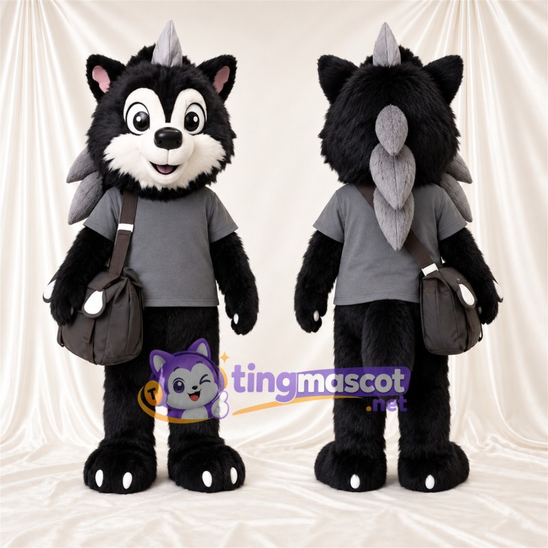 Black and White Raccoon Mascot Costume - Gray Shirt, Spiked Ruff and Shoulder Bag