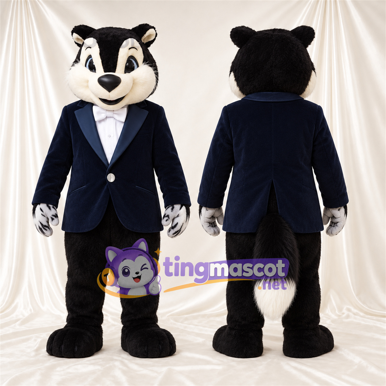 Black and White Skunk Mascot Costume - Blue Suit Black and White Skunk Mascot Costume - Blue Suit